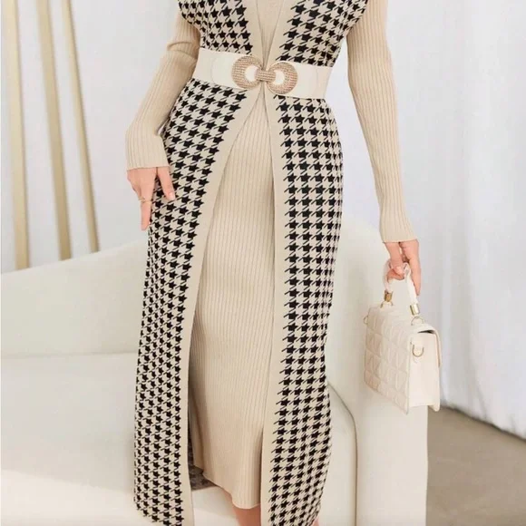 Beige and Black Houndstooth Long Cardigan Dress - Picture 1 of 14